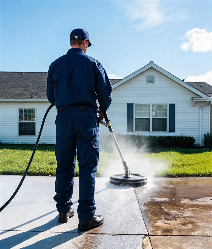 Pressure washing professional cleaning a concrete driveway in front of a suburban home